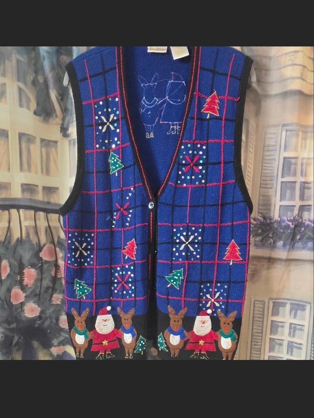 Festive Blue Christmas Sweater Vest - Holiday Reindeer & Santa